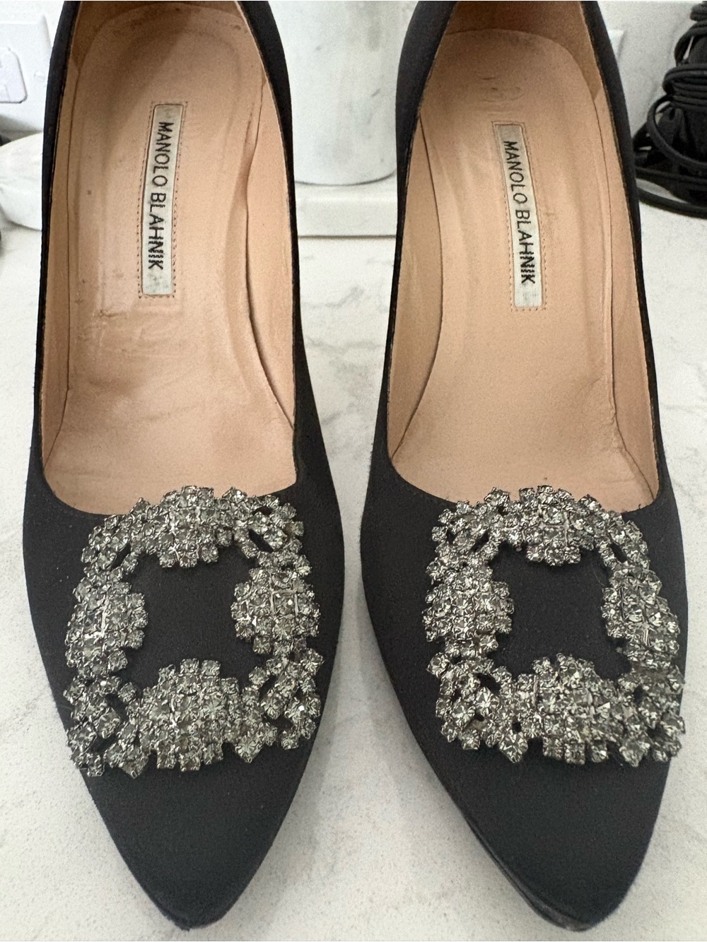 Manolo Blahnik Hangisi Black Satin Embellished Pointed-Toe Flats